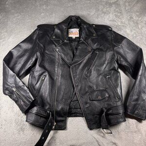 Excelled Vintage Mens Black Leather Biker Moto Motorcycle Jacket Belt Sz 38